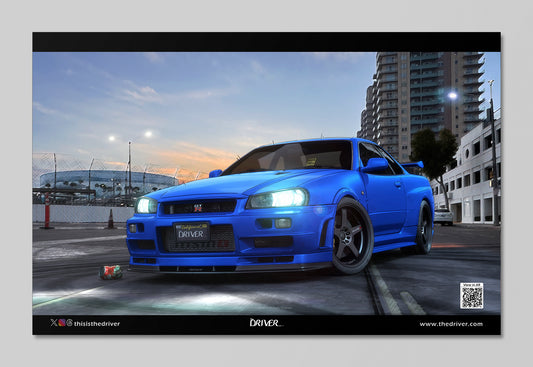 AR Animated Poster - GT-R R34 S-tune (Bayside Blue) - Street of Long Beach