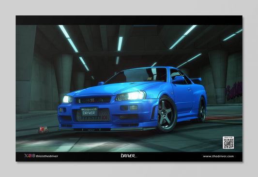 AR Animated Poster - GT-R R34 S-tune (Bayside Blue) - Lower Grand Ave